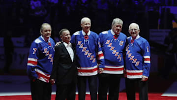 Rod Gilbert, Emile Francis, Jean Ratelle, Vic Hadfield and Ed Giacomin . (Photo by Bruce Bennett/Getty Images)