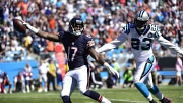 Oct 5, 2014; Charlotte, NC, USA; Chicago Bears wide receiver Alshon Jeffery (17) scores a touchdown as Carolina Panthers cornerback Melvin White (23) defends in the second quarter at Bank of America Stadium. Mandatory Credit: Bob Donnan-USA TODAY Sports