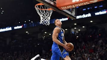 Feb 13, 2016; Toronto, Ontario, Canada; Orlando Magic forward Aaron Gordon competes during the dunk contest during the NBA All Star Saturday Night at Air Canada Centre. Mandatory Credit: Bob Donnan-USA TODAY Sports