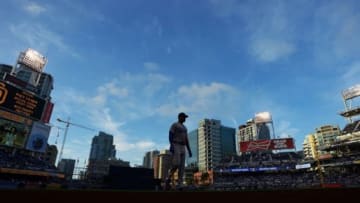 Jun 21, 2014; San Diego, CA, USA; Los Angeles Dodgers center fielder Matt Kemp (27) walks to the dugout before a game against the San Diego Padres at Petco Park. Mandatory Credit: Jake Roth-USA TODAY Sports