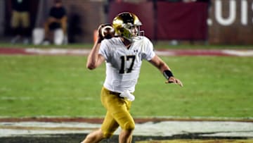 Sep 5, 2021; Tallahassee, Florida, USA; Notre Dame Fighting Irish quarterback Jack Coan (17) runs with the ball during the second quarter against the Florida State Seminoles at Doak S. Campbell Stadium. Mandatory Credit: Melina Myers-USA TODAY Sports