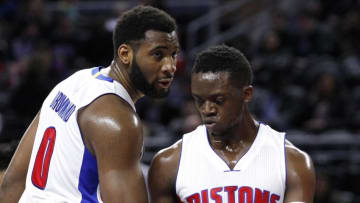 Mar 23, 2016; Auburn Hills, MI, USA; Detroit Pistons center Andre Drummond (0) talks to guard Reggie Jackson (1) during the third quarter against the Orlando Magic at The Palace of Auburn Hills. Pistons win 118-102. Mandatory Credit: Raj Mehta-USA TODAY Sports