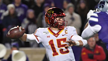 MANHATTAN, KS - NOVEMBER 30: Quarterback Brock Purdy #15 of the Iowa State Cyclones throws a pass against the Kansas State Wildcats during the first half at Bill Snyder Family Football Stadium on November 30, 2019 in Manhattan, Kansas. (Photo by Peter G. Aiken/Getty Images)
