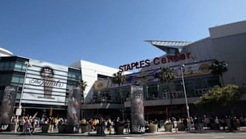 LOS ANGELES, CA - JUNE 06: Fans gather outside of Staples Center before Game Two of the 2010 NBA Finals between the Boston Celtics and the Los Angeles Lakers on June 6, 2010 in Los Angeles, California. NOTE TO USER: User expressly acknowledges and agrees that, by downloading and/or using this Photograph, user is consenting to the terms and conditions of the Getty Images License Agreement (Photo by Ronald Martinez/Getty Images)