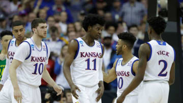 KANSAS CITY, MO - MARCH 25: Josh Jackson #11 of the Kansas Jayhawks and his team react against the Oregon Ducks during the 2017 NCAA Men's Basketball Tournament Midwest Regional at Sprint Center on March 25, 2017 in Kansas City, Missouri. (Photo by Jamie Squire/Getty Images)