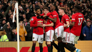 MANCHESTER, ENGLAND - DECEMBER 04: Marcus Rashford of Manchester United celebrates after scoring a goal to make it 2-1 during the Premier League match between Manchester United and Tottenham Hotspur at Old Trafford on December 4, 2019 in Manchester, United Kingdom. (Photo by Matthew Ashton - AMA/Getty Images)
