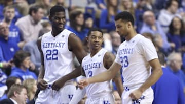 Jan 23, 2016; Lexington, KY, USA; Kentucky Wildcats guard Tyler Ulis (3) forward Alex Poythress (22) and guard Jamal Murray (23) walk on the court before the game against the Vanderbilt Commodores at Rupp Arena. Kentucky defeated Vanderbilt 76-55. Mandatory Credit: Mark Zerof-USA TODAY Sports