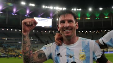 RIO DE JANEIRO, BRAZIL - JULY 10: Lionel Messi of Argentina celebrates after winning the final of Copa America Brazil 2021 between Brazil and Argentina at Maracana Stadium on July 10, 2021 in Rio de Janeiro, Brazil. (Photo by Gustavo Pagano/Getty Images)