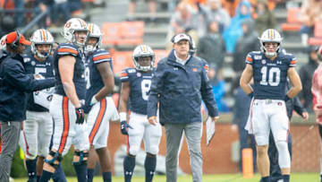 AUBURN, AL - NOVEMBER 23: Head coach Gus Malzahn of the Auburn Tigers on the sidelines during their game against the Samford Bulldogs at Jordan-Hare Stadium on November 23, 2019 in Auburn, Alabama. (Photo by Michael Chang/Getty Images)