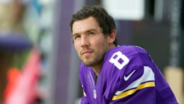 Sep 25, 2016; Charlotte, NC, USA; Minnesota Vikings quarterback Sam Bradford (8) sits on the bench in the fourth quarter against the Carolina Panthers at Bank of America Stadium. The Vikings defeated the Panthers 22-10. Mandatory Credit: Jeremy Brevard-USA TODAY Sports