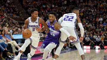 SALT LAKE CITY, UT - OCTOBER 26: Yogi Ferrell #3 of the Sacramento Kings drives past Donovan Mitchell #45 of the Utah Jazz during a game at Vivint Smart Home Arena on October 26, 2019 in Salt Lake City, Utah. NOTE TO USER: User expressly acknowledges and agrees that, by downloading and or using this photograph, User is consenting to the terms and conditions of the Getty Images License Agreement. (Photo by Alex Goodlett/Getty Images)