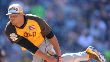 Jul 10, 2016; San Diego, CA, USA; World pitcher Joe Jimenez throws a pitch in the second inning during the All Star Game futures baseball game at PetCo Park. Mandatory Credit: Gary A. Vasquez-USA TODAY Sports
