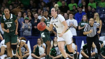 SOUTH BEND, IN - MARCH 25: Notre Dame Fighting Irish guard Marina Mabrey (3) brings the ball up the court during the NCAA Division I Women's Championship second round basketball game between the Michigan State Spartans and the Notre Dame Fighting Irish on March 25, 2019 at Purcell Pavilion in South Bend, Indiana. (Photo by Scott W. Grau/Icon Sportswire via Getty Images)