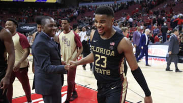 LOUISVILLE, KENTUCKY - JANUARY 04: M.J. Walker #23 of the Florida State Seminoles celebrates after the 78-65 win against Louisville Cardinals at KFC YUM! Center on January 04, 2020 in Louisville, Kentucky. (Photo by Andy Lyons/Getty Images)