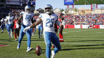 TAMPA, FL - DECEMBER 10: Theo Riddick #25 of the Detroit Lions reacts after running for a touchdown during a game against the Tampa Bay Buccaneers at Raymond James Stadium on December 10, 2017 in Tampa, Florida. The Lions won 24-21. (Photo by Joe Robbins/Getty Images)