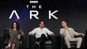 NBCUNIVERSAL EVENTS -- NBCUniversal Press Tour, January 15, 2023 - SYFY’s “The Ark” Panel -- Pictured: (l-r) Christie Burke, Reece Ritchie, Richard Fleeshman -- (Photo by: Trae Patton/Syfy)