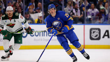 Nov 10, 2023; Buffalo, New York, USA; Buffalo Sabres defenseman Owen Power (25) during the third period against the Minnesota Wild at KeyBank Center. Mandatory Credit: Timothy T. Ludwig-USA TODAY Sports