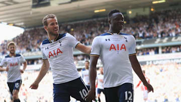 LONDON, ENGLAND - MAY 14: Victor Wanyama of Tottenham Hotspur celebrates scoring his sides first goal with Harry Kane of Tottenham Hotspur during the Premier League match between Tottenham Hotspur and Manchester United at White Hart Lane on May 14, 2017 in London, England. Tottenham Hotspur are playing their last ever home match at White Hart Lane after their 112 year stay at the stadium. Spurs will play at Wembley Stadium next season with a move to a newly built stadium for the 2018-19 campaign. (Photo by Richard Heathcote/Getty Images)