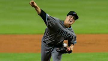 Arizona Diamondbacks pitcher Zack Greinke works against the Miami Marlins in the first inning at Marlins Park in Miami on Friday, July 26, 2019. (Matias J. Ocner/Miami Herald/TNS via Getty Images)
