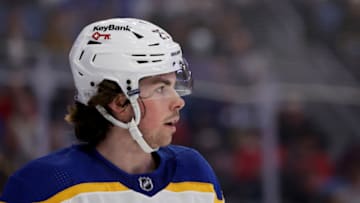 Apr 29, 2022; Buffalo, New York, USA; Buffalo Sabres defenseman Owen Power (25) during a stoppage in play in the first period against the Chicago Blackhawks at KeyBank Center. Mandatory Credit: Timothy T. Ludwig-USA TODAY Sports