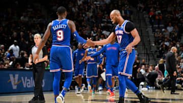 SAN ANTONIO, TX - OCTOBER 23: RJ Barrett #9 and Taj Gibson #67 of the New York Knicks shake hands during the game against the San Antonio Spurs on October 23, 2019 at the AT&T Center in San Antonio, Texas. NOTE TO USER: User expressly acknowledges and agrees that, by downloading and or using this photograph, user is consenting to the terms and conditions of the Getty Images License Agreement. Mandatory Copyright Notice: Copyright 2019 NBAE (Photos by Logan Riely/NBAE via Getty Images)