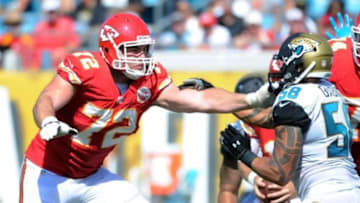 Sep 8, 2013; Jacksonville, FL, USA; Kansas City Chiefs tackle Eric Fisher (72) blocks Jacksonville Jaguars defensive end Jason Babin (58) during the game at EverBank Field. Mandatory Credit: Melina Vastola-USA TODAY Sports