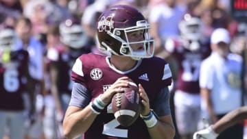 Sep 25, 2021; Starkville, Mississippi, USA; Mississippi State Bulldogs quarterback Will Rogers (2) looks to pass against the LSU Tigers during the fourth quarter at Davis Wade Stadium at Scott Field. Mandatory Credit: Matt Bush-USA TODAY Sports