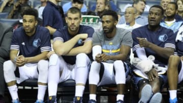 Oct 6, 2015; Memphis, TN, USA; Memphis Grizzlies guard Courtney Lee center Marc Gasol guard Nichael Conley and guard Tony Allen look on from the bench during the game against the Houston Rockets at FedExForum. Memphis defeated Houston 92-89. Mandatory Credit: Nelson Chenault-USA TODAY Sports