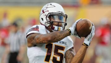 Sep 18, 2015; Tempe, AZ, USA; Arizona State Sun Devils wide receiver Devin Lucien (15) warms up prior to the game against the New Mexico Lobos at Sun Devil Stadium. Mandatory Credit: Matt Kartozian-USA TODAY Sports