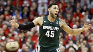 Feb 23, 2016; Columbus, OH, USA; Michigan State Spartans guard Denzel Valentine (45) argues a call during the first half at versus the Ohio State Buckeyes Value City Arena. Mandatory Credit: Joe Maiorana-USA TODAY Sports
