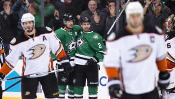Dec 13, 2016; Dallas, TX, USA; Dallas Stars center Jason Spezza (90) and defenseman Dan Hamhuis (2) celebrate Hamhuis