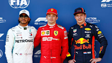 SPIELBERG, AUSTRIA - JUNE 29: Top three qualifiers Charles Leclerc of Monaco and Ferrari, Lewis Hamilton of Great Britain and Mercedes GP and Max Verstappen of Netherlands and Red Bull Racing celebrate in parc ferme during qualifying for the F1 Grand Prix of Austria at Red Bull Ring on June 29, 2019 in Spielberg, Austria. (Photo by Will Taylor-Medhurst/Getty Images)
