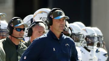 JACKSONVILLE, FL - NOVEMBER 12: Defensive coordinator for the Los Angeles Chargers Gus Bradley watches the play on the field during the first half of their game against the Jacksonville Jaguars at EverBank Field on November 12, 2017 in Jacksonville, Florida. (Photo by Logan Bowles/Getty Images)