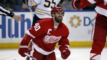 Jan 22, 2016; Buffalo, NY, USA; Detroit Red Wings left wing Henrik Zetterberg (40) celebrates his third period goal against the Buffalo Sabres at First Niagara Center. Detroit beats Buffalo 3 to 0. Mandatory Credit: Timothy T. Ludwig-USA TODAY Sports