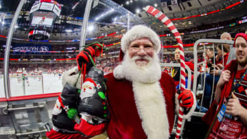 CHICAGO, IL - DECEMBER 23: Santa Claus poses for a photo with his skates prior to a game between the Florida Panthers and the Chicago Blackhawks on December 23, 2018, at the United Center in Chicago, IL. (Photo by Patrick Gorski/Icon Sportswire via Getty Images)