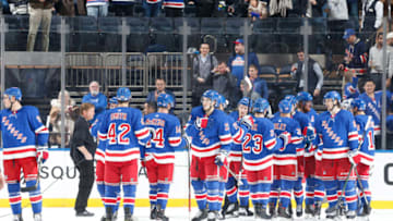 NEW YORK, NY - NOVEMBER 06: The New York Rangers celebrate after defeating the Detroit Red Wings 5-1 at Madison Square Garden on November 6, 2019 in New York City. (Photo by Jared Silber/NHLI via Getty Images)