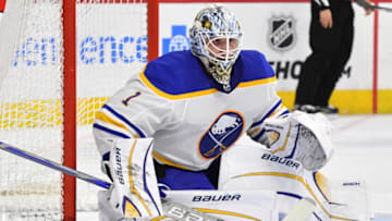 Apr 1, 2023; Philadelphia, Pennsylvania, USA; Buffalo Sabres goaltender Ukko-Pekka Luukkonen (1) against the Philadelphia Flyers at Wells Fargo Center. Mandatory Credit: Eric Hartline-USA TODAY Sports