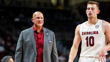 Nov 9, 2021; Columbia, South Carolina, USA; South Carolina Gamecocks head coach Frank Martin directs his team against the South Carolina Upstate Spartans in the second half at Colonial Life Arena. Mandatory Credit: Jeff Blake-USA TODAY Sports