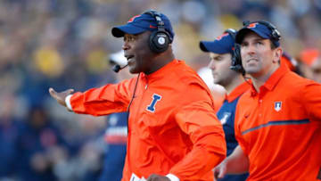 ANN ARBOR, MI - OCTOBER 22: Head coach Lovie Smith looks on from the sideline while playing the Michigan Wolverines on October 22, 2016 at Michigan Stadium in Ann Arbor, Michigan. (Photo by Gregory Shamus/Getty Images)