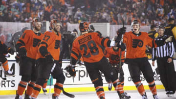 Sean Couturier, Justin Bailey, Claude Giroux and Robert Hagg, Philadelphia Flyers (Photo by Bruce Bennett/Getty Images)