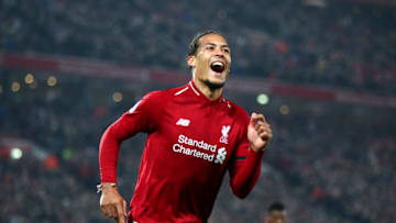 LIVERPOOL, ENGLAND - FEBRUARY 27: Virgil van Dijk of Liverpool celebrates after scoring his team's fifth goal during the Premier League match between Liverpool FC and Watford FC at Anfield on February 27, 2019 in Liverpool, United Kingdom. (Photo by Clive Brunskill/Getty Images)