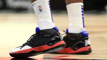 LOS ANGELES, CALIFORNIA - FEBRUARY 24: A detail photo of New Balance shoes worn by Kawhi Leonard #2 of the LA Clippers during the first half of a game against the Memphis Grizzlies at Staples Center on February 24, 2020 in Los Angeles, California. NOTE TO USER: User expressly acknowledges and agrees that, by downloading and/or using this photograph, user is consenting to the terms and conditions of the Getty Images License Agreement. (Photo by Sean M. Haffey/Getty Images)
