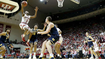 BLOOMINGTON, INDIANA - JANUARY 25: Aljami Durham #1 of the Indiana Hoosiers shoots the ball against the Michigan Wolverines at Assembly Hall on January 25, 2019 in Bloomington, Indiana. (Photo by Andy Lyons/Getty Images)
