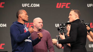 Ronaldo “Jacare” Souza and Jack Hermansson face off ahead of their UFC Sunrise main event (Photo by Amy Kaplan/FanSided)