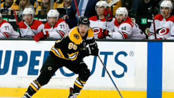 BOSTON, MA - FEBRUARY 27: Boston Bruins right wing David Pastrnak (88) gains the blue line during a game between the Boston Bruins and the Carolina Hurricanes on February 27, 2018, at TD Garden in Boston, Massachusetts. The Bruins defeated the Hurricanes 4-3 (OT). (Photo by Fred Kfoury III/Icon Sportswire via Getty Images)