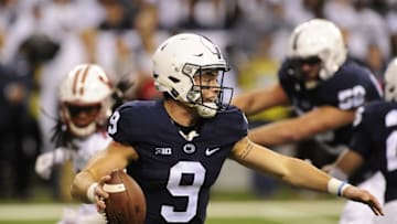 Dec 3, 2016; Indianapolis, IN, USA; Penn State Nittany Lions quarterback Trace McSorley (9) looks to pass against the Wisconsin Badgers in the first half during the Big Ten Championship college football game at Lucas Oil Stadium. Mandatory Credit: Thomas J. Russo-USA TODAY Sports