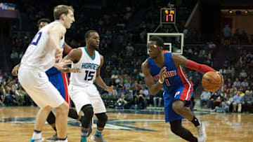 Dec 7, 2015; Charlotte, NC, USA; Detroit Pistons guard Reggie Jackson (1) drives to the basket during the first half against the Charlotte Hornets at Time Warner Cable Arena. Mandatory Credit: Jeremy Brevard-USA TODAY Sports