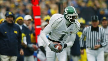 ANN ARBOR, MI - NOVEMBER 2: Wide Receiver Charles Rogers #1 of the Michigan State Spartans runs the ball against the Michigan Wolverines during the game on November 2, 2002 at Michigan Stadium in Ann Arbor, Michigan. Michigan won 49-3. (Photo by Danny Moloshok/Getty Images)