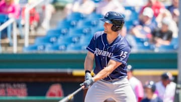 PORTLAND, ME - MAY 13: Tim Tebow #15 of the Binghamton Rumble Ponies waits for a pitch in a game between the Portland Sea Dogs and the Binghamton Rumble Ponies at Hadlock Field on May 13, 2018 in Portland, Maine. (Photo by Zachary Roy/Getty Images)