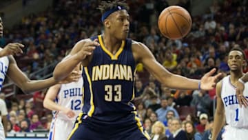 Apr 2, 2016; Philadelphia, PA, USA; Indiana Pacers forward Myles Turner (33) grabs a loose ball against the Philadelphia 76ers during the second quarter at Wells Fargo Center. Mandatory Credit: Bill Streicher-USA TODAY Sports